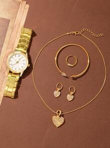 6件套时尚百搭女士石英表，圆形罗马数字表盘，金色钢表带，搭配心形水晶手链、项链、耳环和戒指，首饰套装，适合日常佩戴和节日装扮，也是一份贴心的礼物。 - 白色 - 查看 3