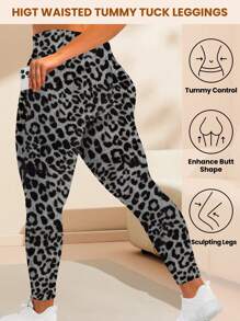 3 Packs Plus Size Leggings For Women  With Pockets, High Waisted Soft Stretchy Yoga Pants - 2黑1灰豹 - 查看 4