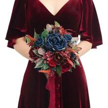 Ling's Moment Artificial Flowers Pink Bridesmaid Bouquet, Dusty Wedding Flowers Bouquets Bridesmaids, Inch Bridal Bouquets Bridesmaids, Wedding, Ceremony, Anniversary, Etc - Xanh lam Blu-navy & Đỏ Burgundy - Xem 1