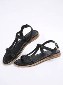 Wedge Sandals For Women With Round Toe,Glitter,Ankle Strap,Buckle - Black - View 9