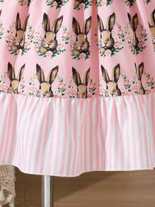 Easter Theme Young Girl Vintage Style Dress, Cute Rabbit Print + Bow Design, A Charming Dress Specially Made For Easter, Birthday Party, With Ruffled Hem And Pink Bow Decor, Lightweight And Lovely