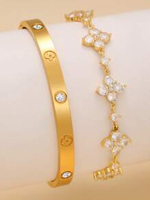 Elegant And Fashionable Luxury Stainless Steel Clover Zirconia Women's Bracelet Set, Suitable For Daily Stacking And As A Gift For Friends - Yellow Gold - View 11