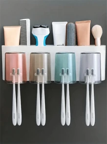 4 In 1 Toothbrush Holder Set With Self-Adhesive, Wall Mounted Toothbrush Organizer, Easy Installation Space-Saving Bathroom Accessory Home Bathroom Decor Fall Decor Back To School