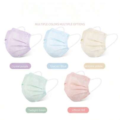 50pcs Flat Macaron 3-Ply Disposable Cute Printed High-Quality Face Masks, 5 Color Options, Lightweight For Summer
