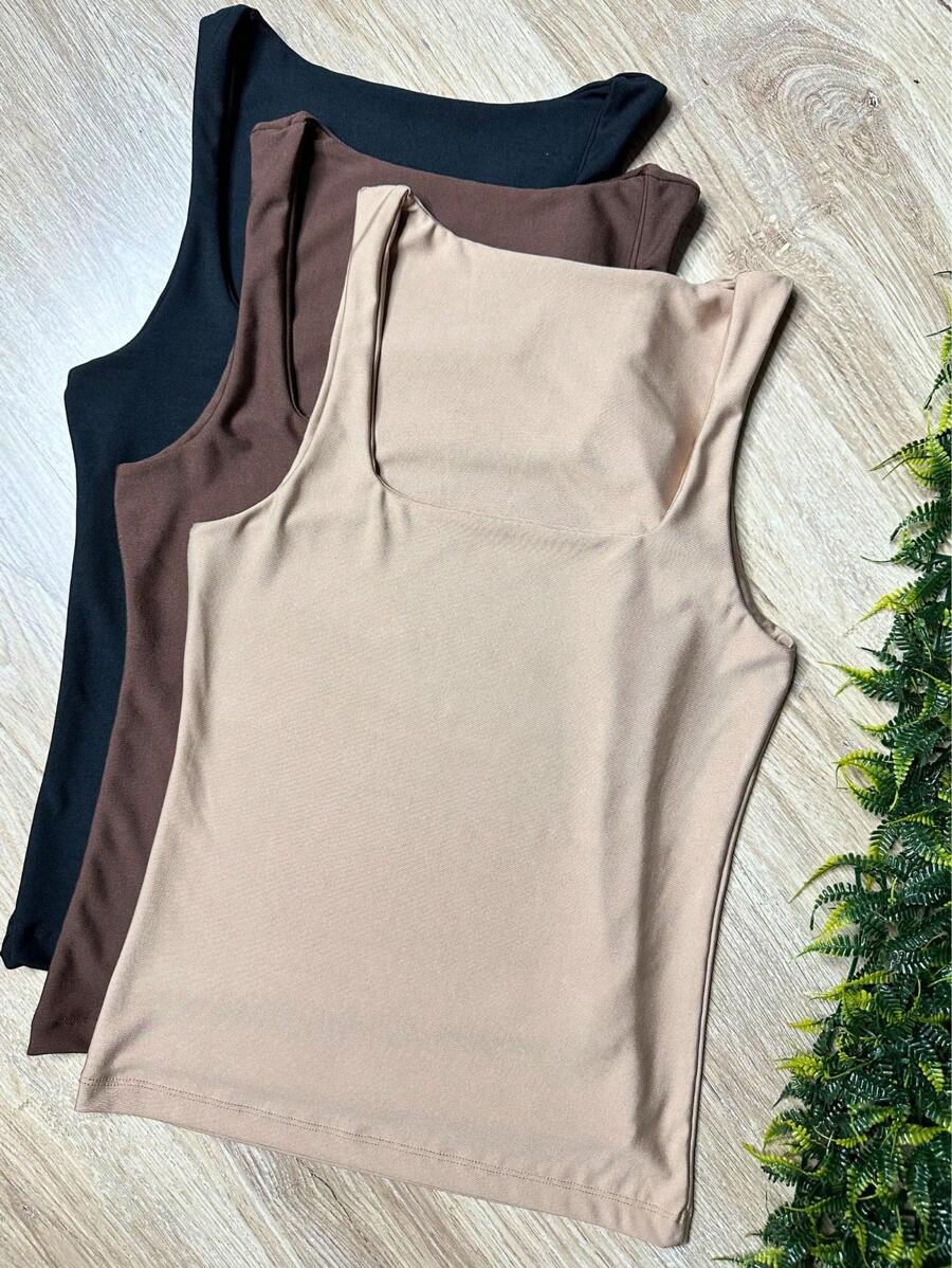 Kit With 3 Suplex Blouses With Square Neckline, Basic Women's Tank Top With Lining - 黑色/棕色/裸色 - 查看 1