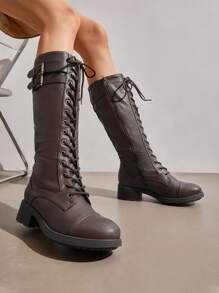 Women's Camel Faux Leather Pu Knee High Riding Combat Boots - 棕色 - 查看 2
