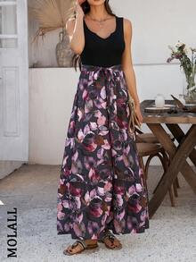 Summer Beach Date Sleeveless Print Patchwork Dress - Purple - View 5