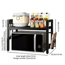 1 Set Of Space-Saving Black Metal Kitchen Storage Rack With Telescopic Rack - Multifunctional Storage Rack For Microwave, Electric Cooker, Spices, Bowls, Chopsticks And Cups - Durable, High Load Carrying Capacity, Microwave Rack, Utility Rack - 黑色 - 查看 3