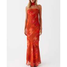 Womens Floral Strapless Dress Y2k Backless Sleeveless Tube Maxi Long Dresses Sexy Mesh Bodycon Summer Beachwear - Coral - 查看 2