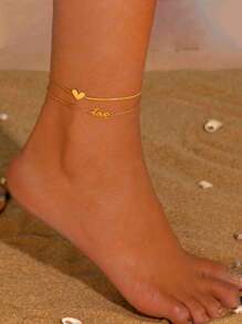 1 件女士时尚优雅双层英式心形脚链，防水不锈钢防褪色，适合日常佩戴、派对、海滩