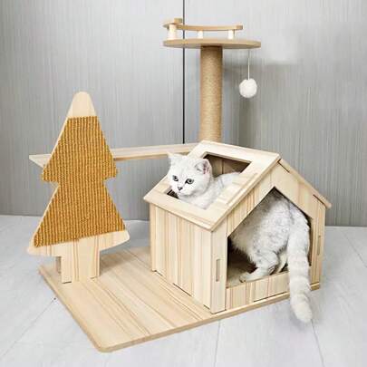1pc Cat Scratching Post, Cat Bed & Climbing Tree Combo, Space-Saving Cat Tower With Christmas-Themed Scratching Pad