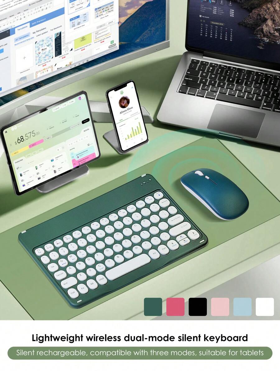 Lightweight Portable Quiet 10-Inch Wireless Mouse & Keyboard Set, Compatible With Multiple Systems Including Laptops, Tablets, Phones For Office And Gaming, Rechargeable Wireless Mouse And Keyboard Set, Compatible With 3 Systems - Multicolor - View 1