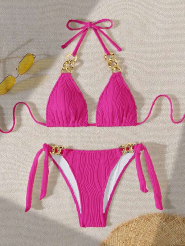 2pcs Vacation Swimwear Set, New Spring/Summer Resort Cruise Spa Beach Party Special Fabric Bikini Set, Pink