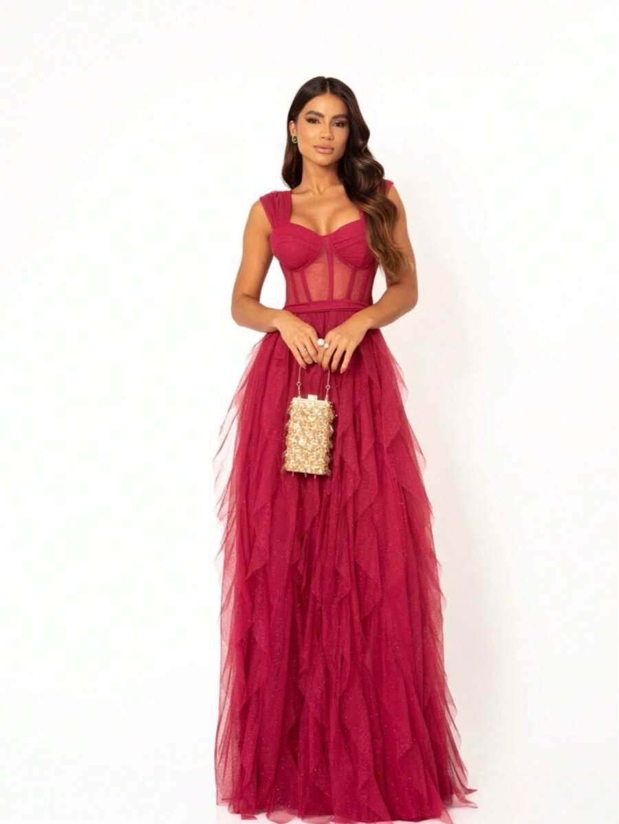 Dress For Weddings And Events With Corset And Flared Skirt. - Watermelon Pink - View 1