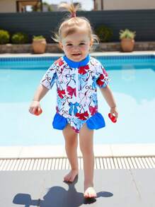 Baby Girl Rash Guard Swimsuits Short Sleeve Round Neck Ruffle Bathing Suit Toddler Swimwear - Blue - View 3