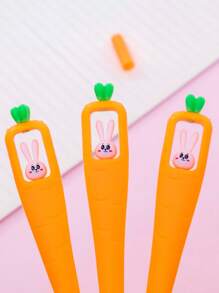 3pcs Cute Rabbit & Carrot Design Neutral Pen, Cartoon Student Ballpoint Pen, Creative Soft Plastic Black Ink Stationery - Multicolor - View 3