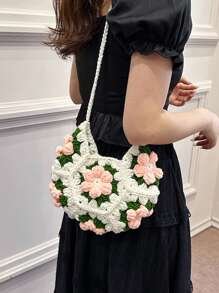 [Producto Terminado] Bolso bandolera pequeño con parches de flores esponjosas a doble cara, monedero dulce hecho a mano de ganchillo y tejido, para teléfono y monedas, accesorios