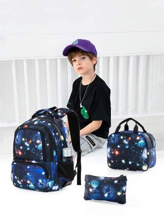 GUSTELL 3pcs/Set Kids Backpack, Lunch Bag, Pencil Case Suit, Suitable For Kindergarten, School, Outdoor Travel, Camping, Picnic, Leisure, Cartoon Backpack With Padded Back And Adjustable Shoulder Straps, Fashionable Print (Starry Sky Element)
