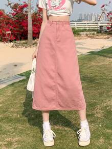 Women's Adjustable Waist Casual Vintage Washed Slit Midi Denim Skirt, Loose & Flattering