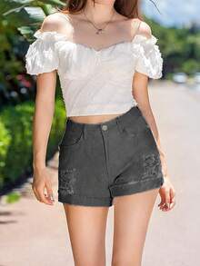 Women's Loose Vintage Style Distressed Denim Shorts With Pockets - Dark Grey - View 4