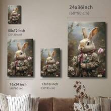 1pc Framed Wall Art, Wrapped Canvas Poster Vintage Prints, Easter Day, A White Rabbit In A Floral Suit, Home Living Room Bedroom Ofice Wall Decor, Birthday Party Decor, Hanging Hardware Included - Framed, Vertical