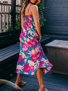 Acelitt Navy Blue Ditsy Floral High Waist Sleeveless Flare Maxi Dress - Multicolor - View 2