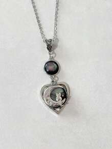 1PC Gothic Style Heart Shaped Cat And Moon Necklace For Women's Everyday Accessories Jewellery Gifts