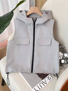 Cargo Style Zip-Up Hooded Vest With Large Pockets, Sleeveless, Versatile, For Spring, Summer, Autumn - Grey - View 2