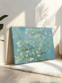 1/5 框装帆布墙画，文森特·梵高的《杏花》，可直接悬挂，色彩鲜艳的花卉画作，适合客厅、卧室、浴室或餐厅装饰，家居装饰 - 淺藍色 - 查看 2