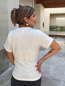Blusa Grafica de Cuello Redondo y Manga Corta con Estampado de la Torre Eiffel 3D en Relieve - Blanco - Ver 3