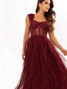 Vestido para casamentos e eventos com corselet e saia rodada. - Marsala - Visão 1