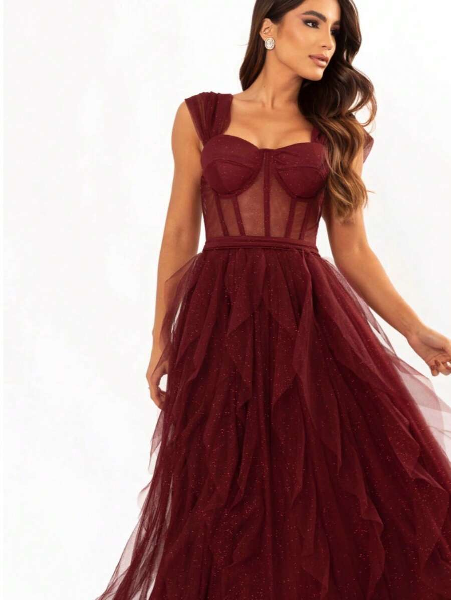 Vestido para casamentos e eventos com corselet e saia rodada. - Marsala - Visão 1