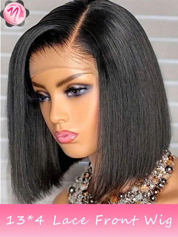 Pelucas mezcladas: una mezcla de cabello humano mezclado y sintético con una densidad del 180%. Peluca Bob sin pegamento - Cabello humano mezclado liso de 6-16 pulgadas con frente de encaje, pre-cortado 13x4, color negro natural, fácil para principiantes, diseño elegante y estiloso para mujeres, peluca versátil | Peluca con línea de cabello natural | Peluca con frente de encaje de cabello mezclado (Pelucas Bob de 6-16 pulgadas) Cabello mezclado