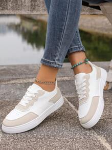 New Women White Lace-Up Leather Sneakers, Round Toe Low-Top Thick Sole Slip-On Shoes, Fashionable Breathable Anti-Slip Skateboarding Shoes For Students - Khaki - View 5