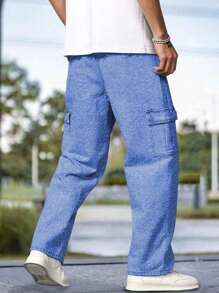 1pc Teen Boys Casual Loose Solid Color Multi-Pocket Straight Cargo Pants, Suitable For Gym, Outdoor, Academy, Spring/Summer/Autumn - Blue - View 5