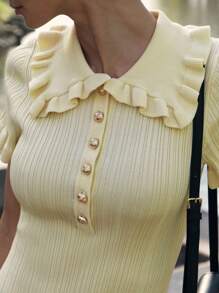 Women's Knit Short Dress Solid Color Ruffled Lapel Neck Short Sleeve Button Front Bodycon Dress For Summer - Yellow - View 3