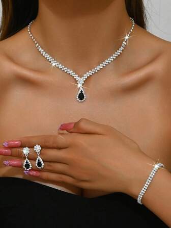 3pcs/Set Silver Women's Metal & Rhinestone Necklace, Earrings, Bracelet Bridal Wedding Jewelry Set