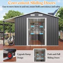 Outdoor Storage Shed With Sliding Doors And Two 4-Pane Windows – Open Design For Firewood And Equipment Storage, Dark Grey And White - 10.6x6.8x6.3 英尺 - 查看 5