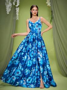 Robe de demoiselle d'honneur longue, col en V, débardeur, satin, imprimé, élégante, fente haute, nouvelle arrivée, Mgiacy