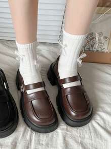 Mocasines de suela gruesa y color liso para mujer, estilo escolar con cordones, zapatos cómodos y ligeros