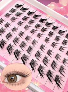 60片C型卷翘自粘蓬松假睫毛簇，长度8-16毫米混合，无需胶水，打造自然狐狸眼妆效，自粘单根假睫毛，DIY睫毛嫁接，预涂胶睫毛簇，自然纤长睫毛，猫眼睫毛簇，无需胶水，无需卸妆产品 - 黑色 - 查看 8