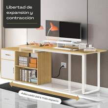 Mesa de estudio reversible con 2 estantes y toma de corriente - Blanco - Ver 7