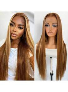 蕾丝前假发，直发假发，蜜金色合成蕾丝假发，长直发，13x5x1高清蕾丝假发，自然逼真，无需胶水，日常佩戴 - 挑染金色 - 查看 5