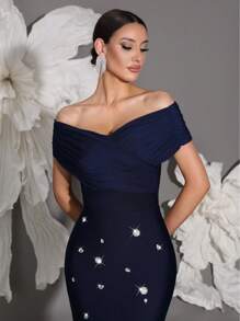 Off Shoulder Handmade Beaded Bodycon Bandage Dress, Sexy & Fitted, Suitable For Family Gatherings, Parties, Banquets, Formal Occasions - Royal Blue - View 3