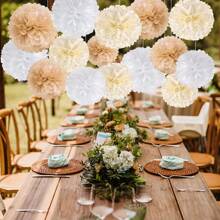16pcs Wedding Party Decor White, Cream, Brown 10in Paper Flowers Balls*6, String Paper Flower Ball Set, Birthday Party Background Decor Pompoms, Suitable For Festivals, Anniversaries, Valentine's Day Decorations