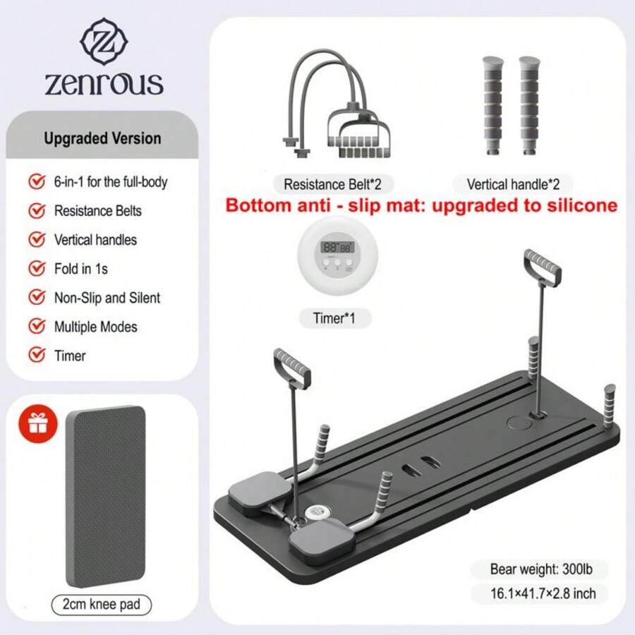 ZENROUS Pilates Board, Multi-Functional Ab Exercise Board, Foldable Home Pilates Reformer, Maximum Load 300 Lbs Fitness Board With Kneeling Pad And Timer, Abs Workout Equipment For Abdominal & Core Strength Training Springtok - 普通黑灰色(不含繩) - 查看 1