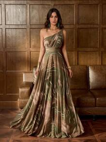 优雅雪纺晚礼服，不对称领口设计，A字裙摆——完美适用于正式晚宴、红毯盛会、奢华婚礼、艺术画廊活动、派对礼服、婚礼宾客礼服、正式礼服、晚礼服、度假必备单品。 - 軍綠色 - 查看 2