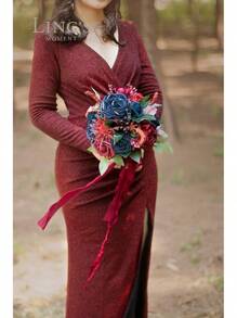 Ling's Moment Artificial Flowers Pink Bridesmaid Bouquet, Dusty Wedding Flowers Bouquets Bridesmaids, Inch Bridal Bouquets Bridesmaids, Wedding, Ceremony, Anniversary, Etc - Xanh lam Blu-navy & Đỏ Burgundy - Xem 2