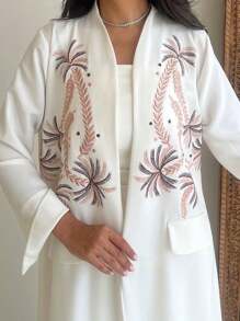 Elegant & Charming White Embroidered Long Abaya For Ladies, Suitable For Spring/Summer Events, Modest Kaftan