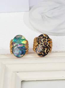 1pc Vintage Alloy Abalone Shell, Leopard, Oval Leaf Design Exaggerated Personalized Metal Ring For Women, Everyday Wear